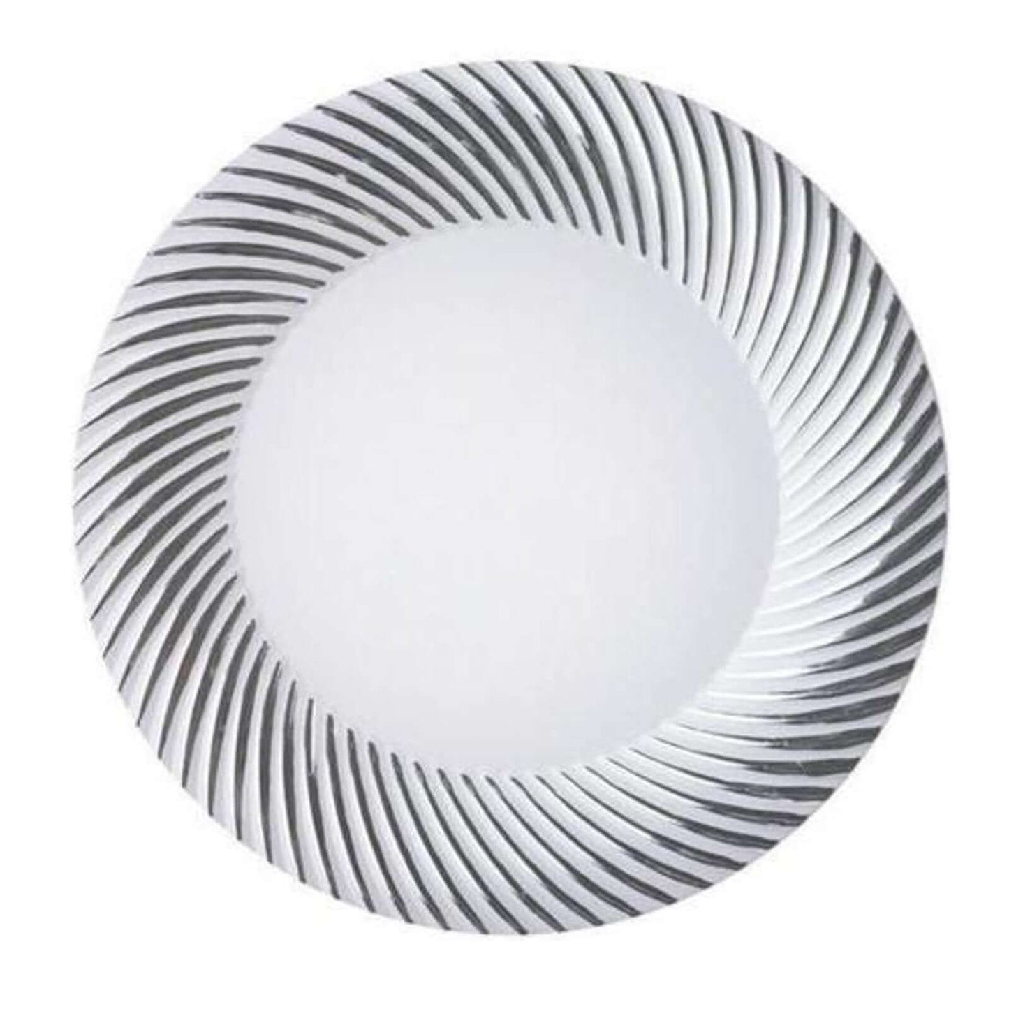 10 - Pack Plastic Dessert Plates White/Silver Swirl Rim - Disposable Plates for Appetizers 6" - Linen Luxes