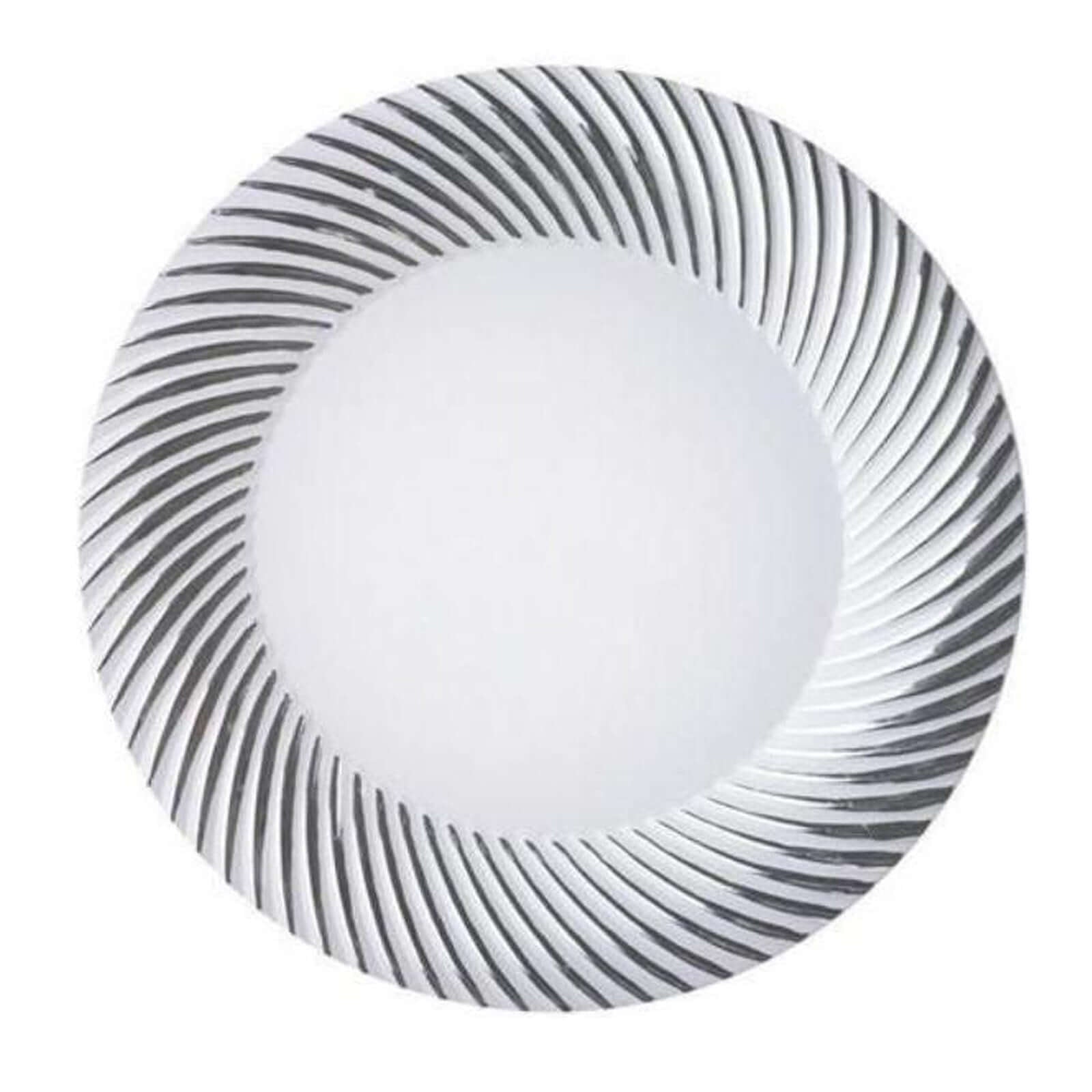 10 - Pack Plastic Dessert Plates White/Silver Swirl Rim - Disposable Plates for Appetizers 6" - Linen Luxes