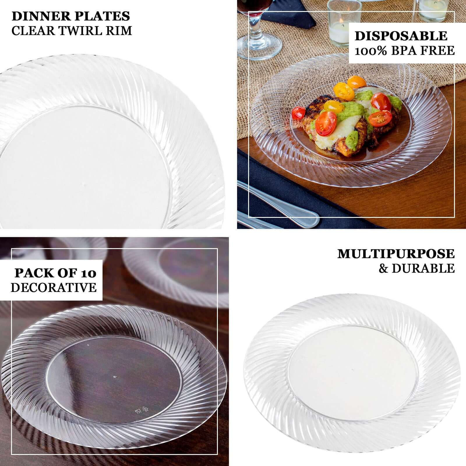 10 - Pack Plastic Dessert Plates White/Silver Swirl Rim - Disposable Plates for Appetizers 6" - Linen Luxes