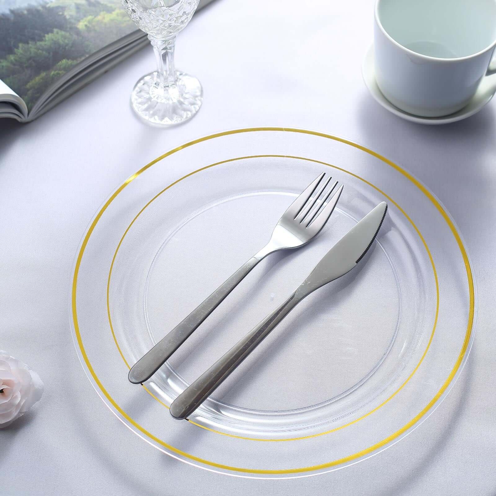 10 - Pack Plastic Dinner Plates Clear with TrÃ¨s Chic Gold Rim - Perfect Disposable Party Plates 10" - Linen Luxes