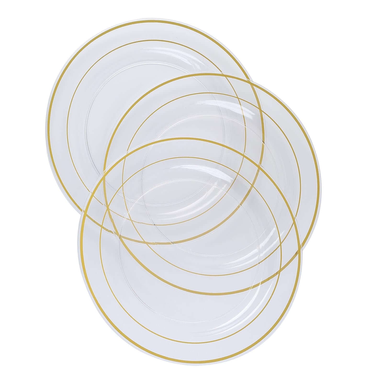 10 - Pack Plastic Dinner Plates Clear with TrÃ¨s Chic Gold Rim - Perfect Disposable Party Plates 10" - Linen Luxes