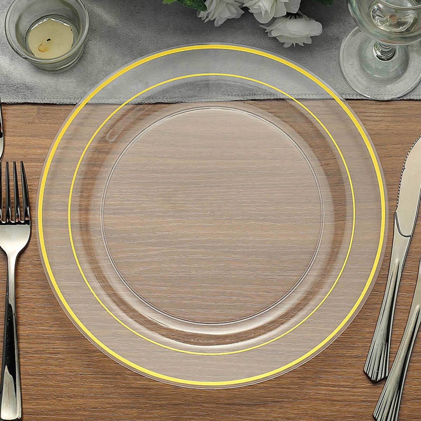 10 - Pack Plastic Dinner Plates Clear with TrÃ¨s Chic Gold Rim - Perfect Disposable Party Plates 10" - Linen Luxes