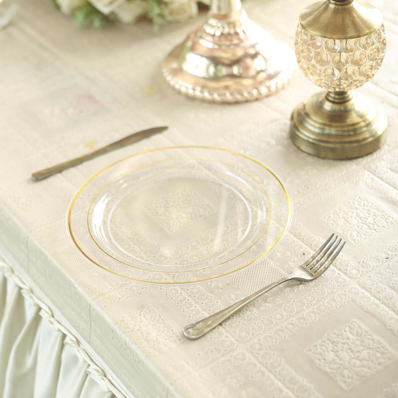 10 - Pack Plastic Dinner Plates Clear with TrÃ¨s Chic Gold Rim - Perfect Disposable Party Plates 10" - Linen Luxes
