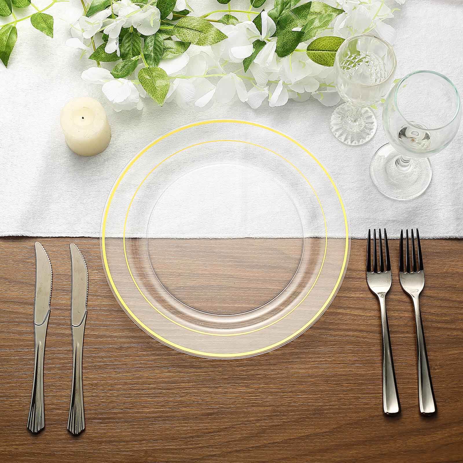 10 - Pack Plastic Dinner Plates Clear with TrÃ¨s Chic Gold Rim - Perfect Disposable Party Plates 10" - Linen Luxes