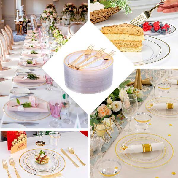 10 - Pack Plastic Dinner Plates Clear with TrÃ¨s Chic Gold Rim - Perfect Disposable Party Plates 10" - Linen Luxes