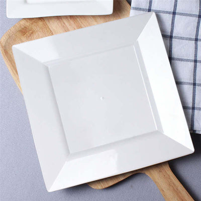 10 - Pack Plastic Dinner Plates Glossy White Square with Wide Rim - Sturdy Disposable Party Plates 10" - Linen Luxes