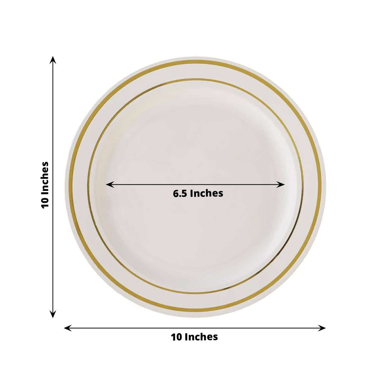 10 - Pack Plastic Dinner Plates Ivory with TrÃ¨s Chic Gold Rim - Disposable Party Plates for Gatherings 10" - Linen Luxes