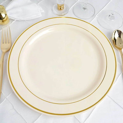 10 - Pack Plastic Dinner Plates Ivory with TrÃ¨s Chic Gold Rim - Disposable Party Plates for Gatherings 10" - Linen Luxes