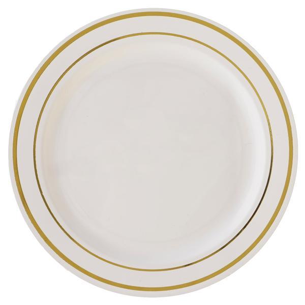 10 - Pack Plastic Dinner Plates Ivory with TrÃ¨s Chic Gold Rim - Disposable Party Plates for Gatherings 10" - Linen Luxes