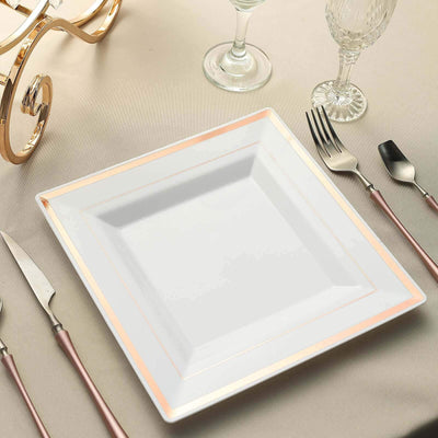 10 - Pack Plastic Dinner Plates White Square with Rose Gold Trim - Lightweight Disposable Plates for Events 10" - Linen Luxes