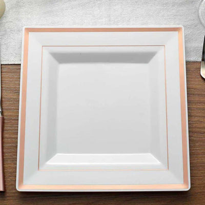 10 - Pack Plastic Dinner Plates White Square with Rose Gold Trim - Lightweight Disposable Plates for Events 10" - Linen Luxes