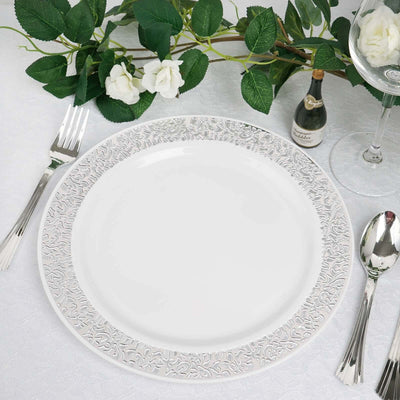 10 - Pack Plastic Dinner Plates White with Fancy Silver Lace Rim - Stylish Disposable Plates for Events 10" - Linen Luxes