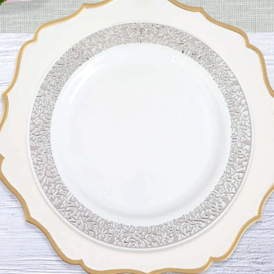 10 - Pack Plastic Dinner Plates White with Fancy Silver Lace Rim - Stylish Disposable Plates for Events 10" - Linen Luxes