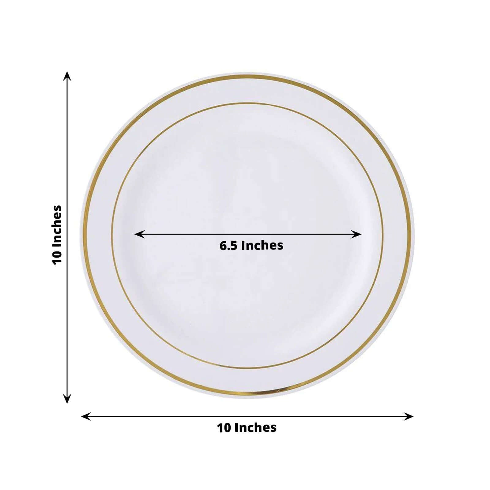 10 - Pack Plastic Dinner Plates White with TrÃ¨s Chic Gold Rim - Perfect Disposable Party Plates 10" - Linen Luxes