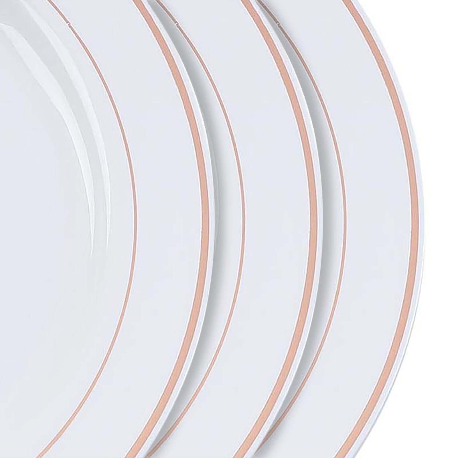 10 - Pack Plastic Dinner Plates White with TrÃ¨s Chic Rose Gold Rim - Perfect Disposable Party Plates 10" - Linen Luxes