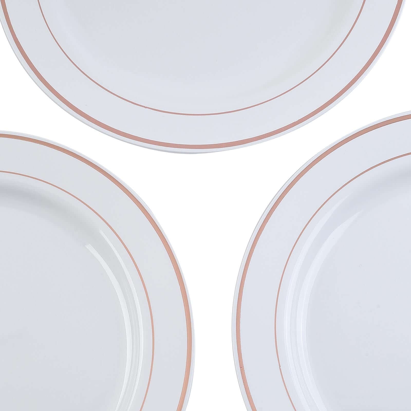 10 - Pack Plastic Dinner Plates White with TrÃ¨s Chic Rose Gold Rim - Perfect Disposable Party Plates 10" - Linen Luxes