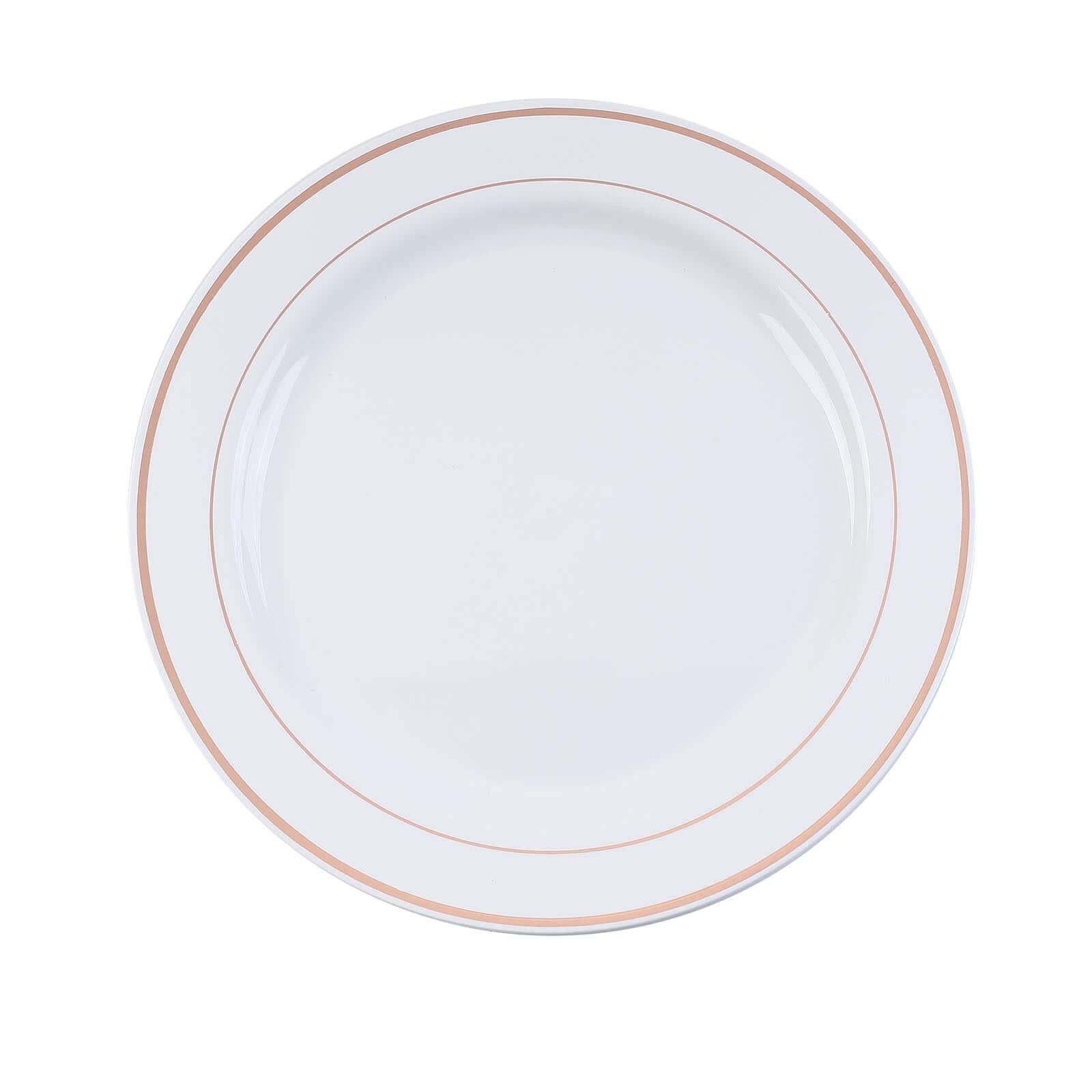 10 - Pack Plastic Dinner Plates White with TrÃ¨s Chic Rose Gold Rim - Perfect Disposable Party Plates 10" - Linen Luxes