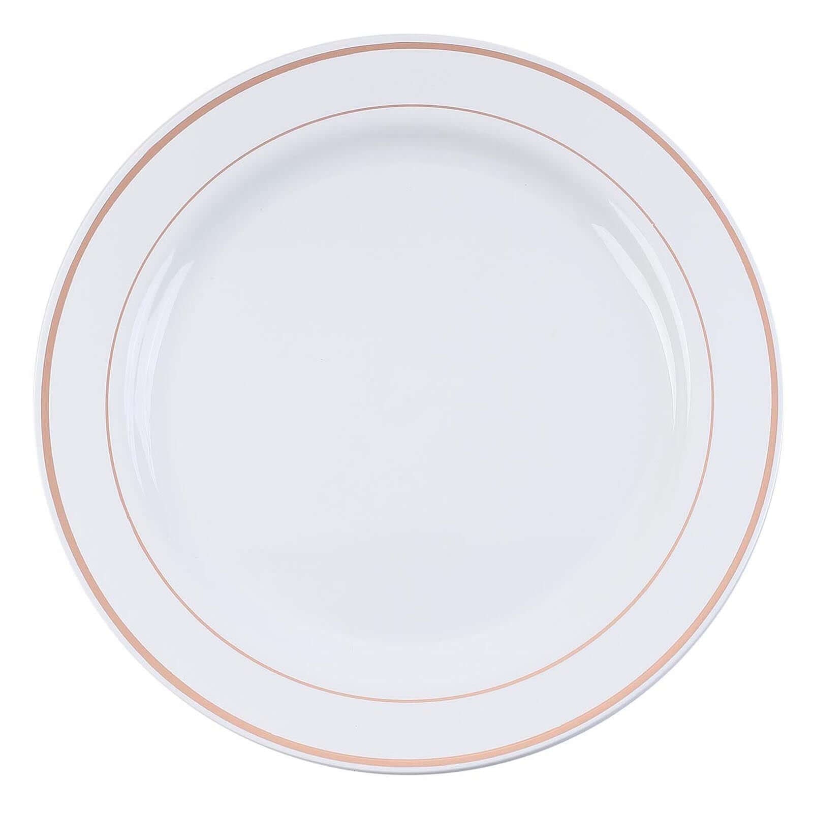 10 - Pack Plastic Dinner Plates White with TrÃ¨s Chic Rose Gold Rim - Perfect Disposable Party Plates 10" - Linen Luxes