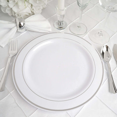 10 - Pack Plastic Dinner Plates White with TrÃ¨s Chic Silver Rim - Perfect Disposable Party Plates 10" - Linen Luxes