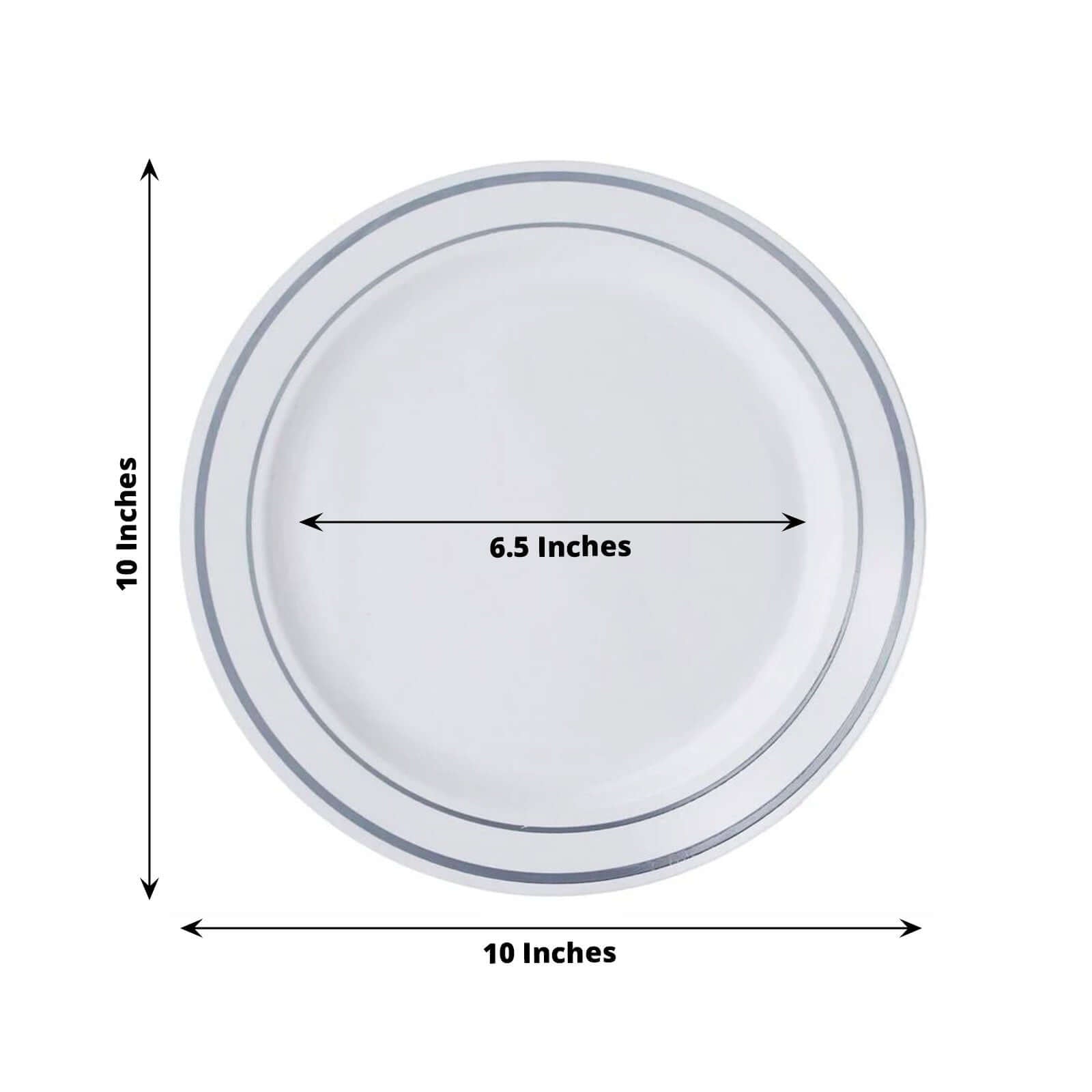 10 - Pack Plastic Dinner Plates White with TrÃ¨s Chic Silver Rim - Perfect Disposable Party Plates 10" - Linen Luxes