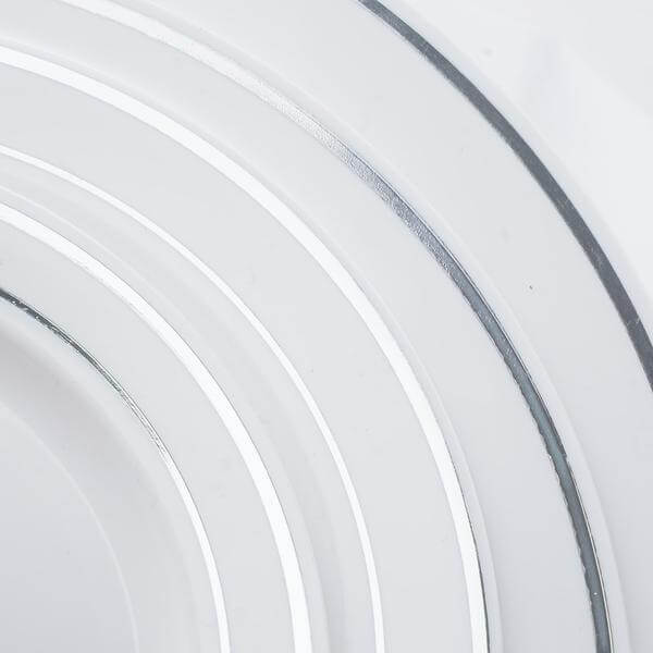 10 - Pack Plastic Dinner Plates White with TrÃ¨s Chic Silver Rim - Perfect Disposable Party Plates 10" - Linen Luxes