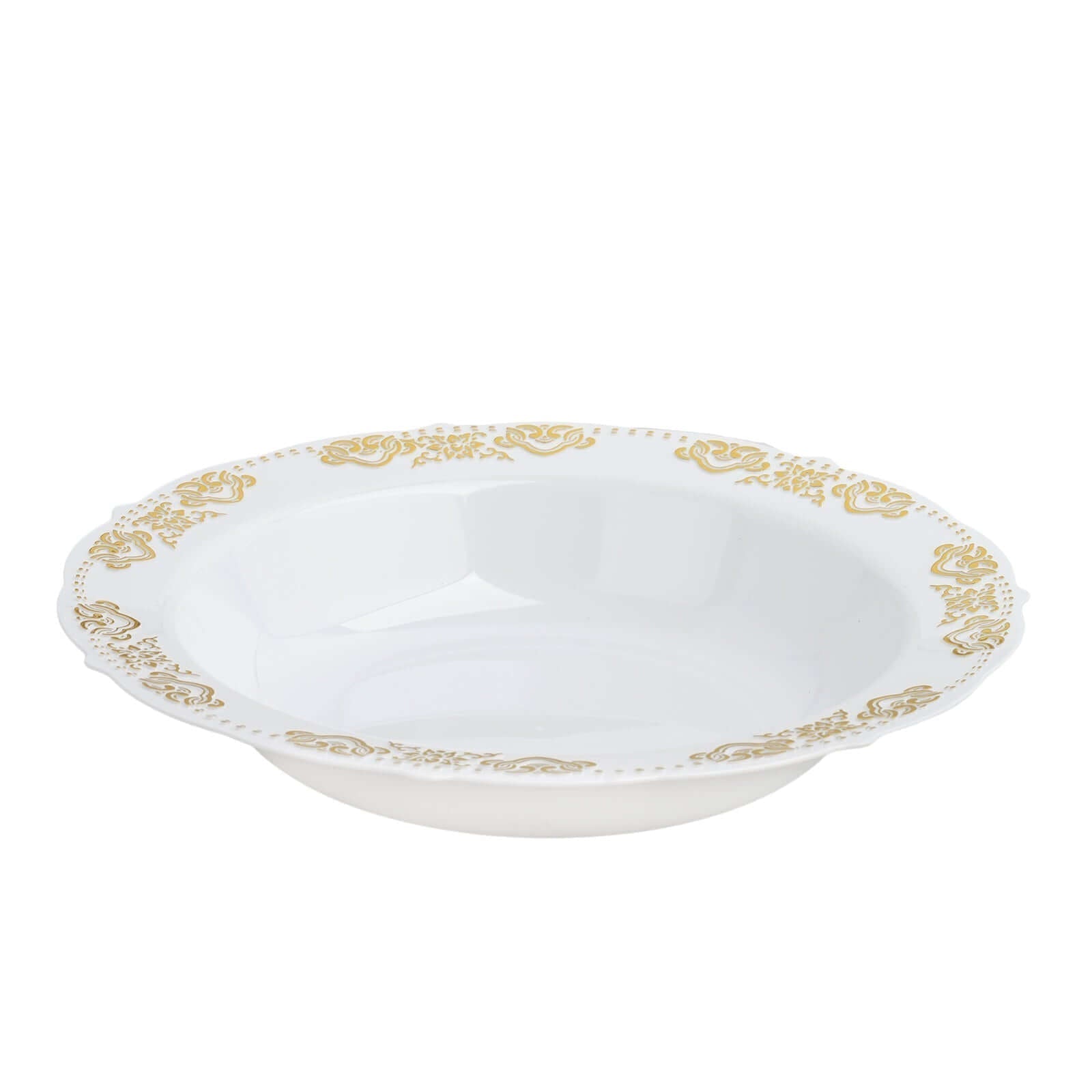 10 - Pack Plastic Round Soup Bowl in White with Gold Embossed Scalloped Rim - Sturdy Disposable Salad Dessert Bowls for Catering & Events 12oz - Linen Luxes