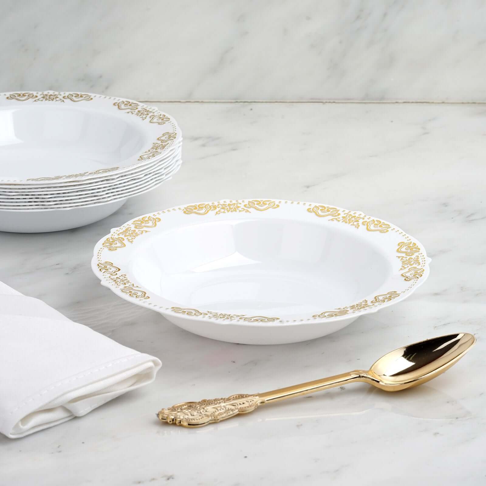 10 - Pack Plastic Round Soup Bowl in White with Gold Embossed Scalloped Rim - Sturdy Disposable Salad Dessert Bowls for Catering & Events 12oz - Linen Luxes