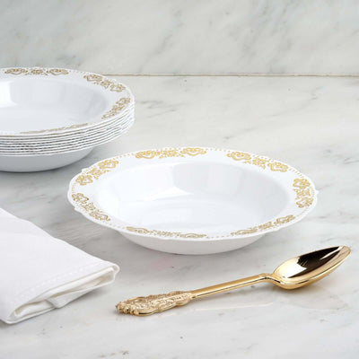 10 - Pack Plastic Round Soup Bowl in White with Gold Embossed Scalloped Rim - Sturdy Disposable Salad Dessert Bowls for Catering & Events 12oz - Linen Luxes