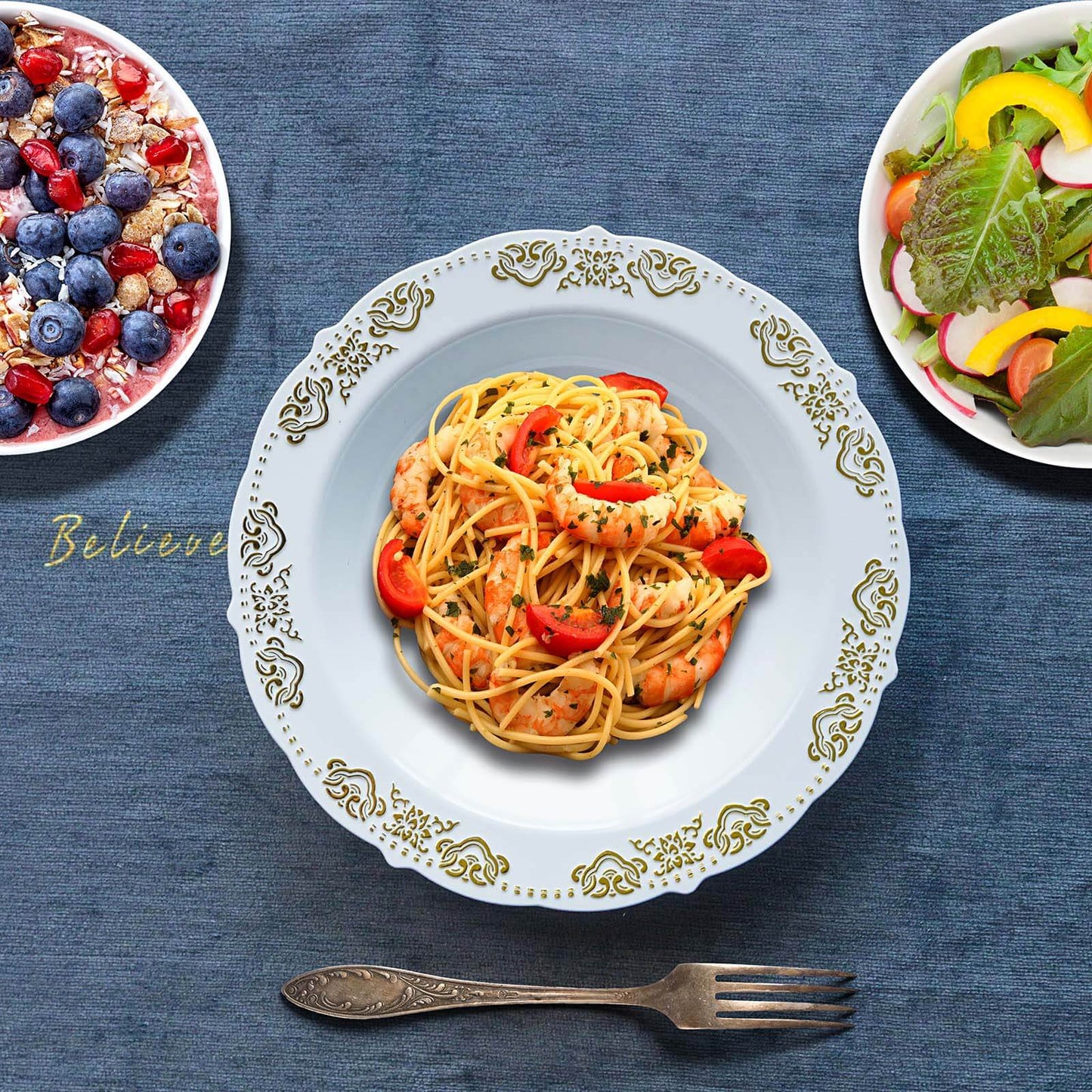 10 - Pack Plastic Round Soup Bowl in White with Gold Embossed Scalloped Rim - Sturdy Disposable Salad Dessert Bowls for Catering & Events 12oz - Linen Luxes