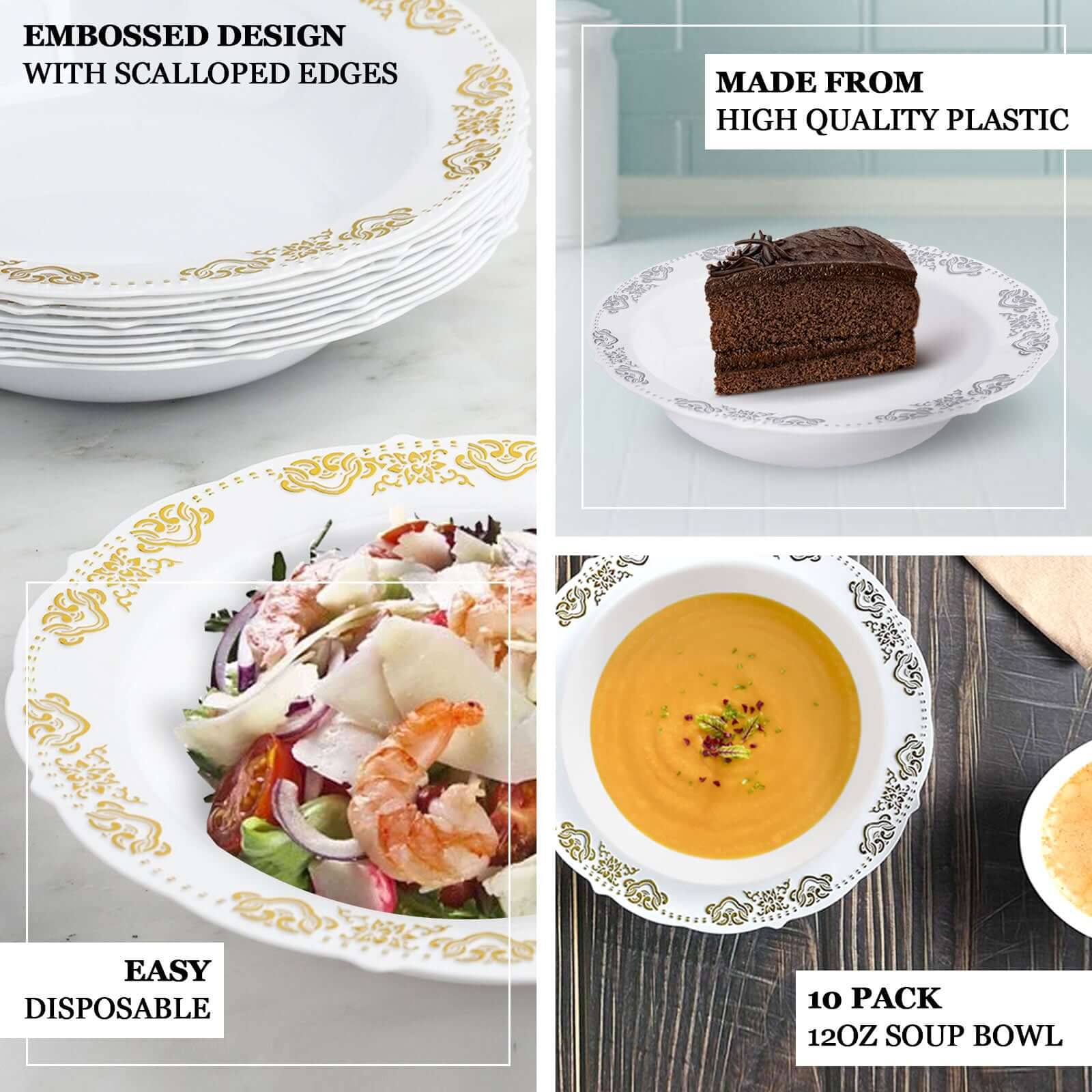 10 - Pack Plastic Round Soup Bowl in White with Gold Embossed Scalloped Rim - Sturdy Disposable Salad Dessert Bowls for Catering & Events 12oz - Linen Luxes