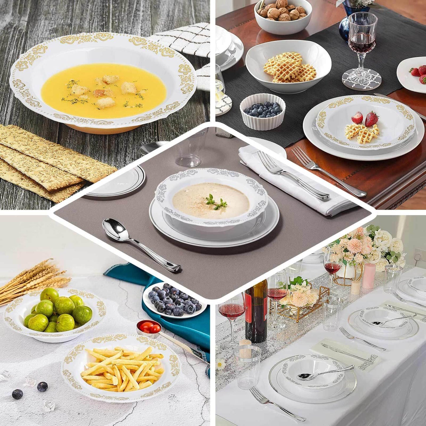 10 - Pack Plastic Round Soup Bowl in White with Gold Embossed Scalloped Rim - Sturdy Disposable Salad Dessert Bowls for Catering & Events 12oz - Linen Luxes