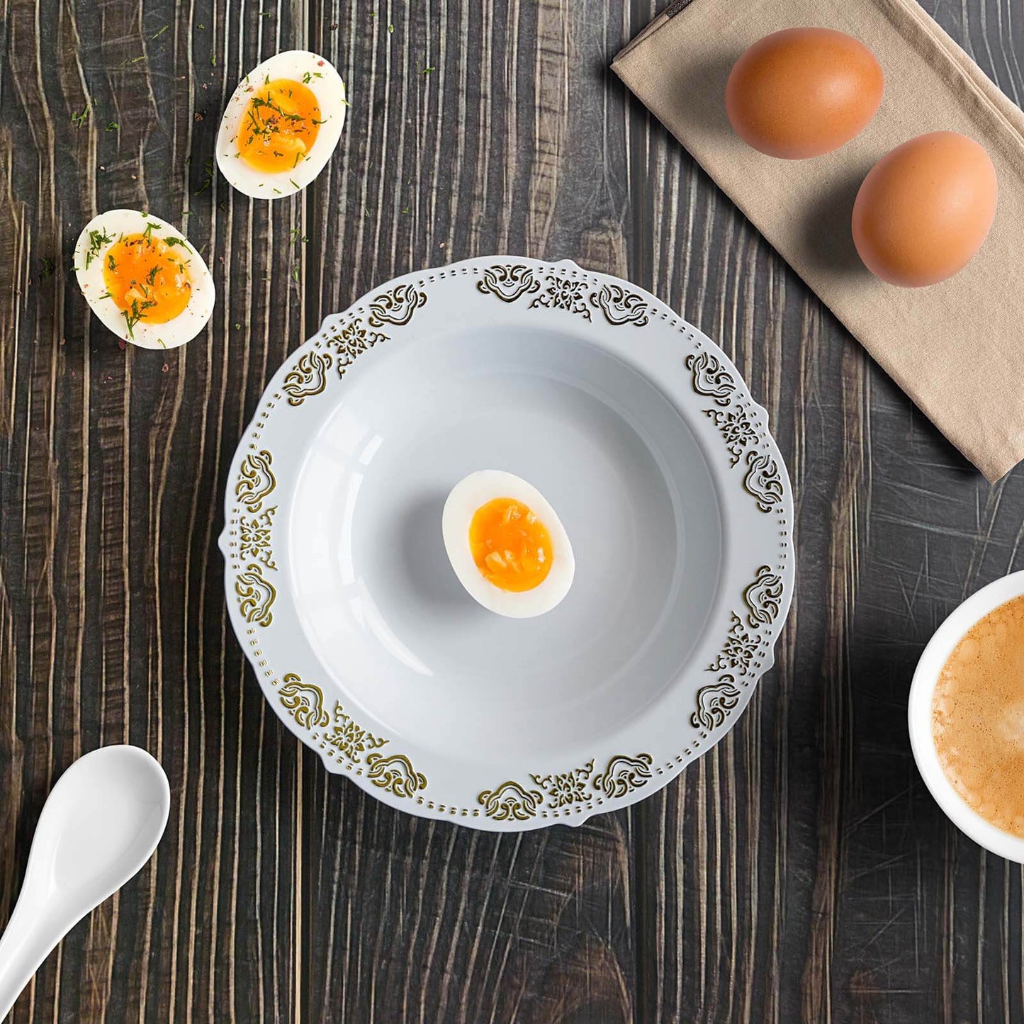 10 - Pack Plastic Round Soup Bowl in White with Gold Embossed Scalloped Rim - Sturdy Disposable Salad Dessert Bowls for Catering & Events 12oz - Linen Luxes