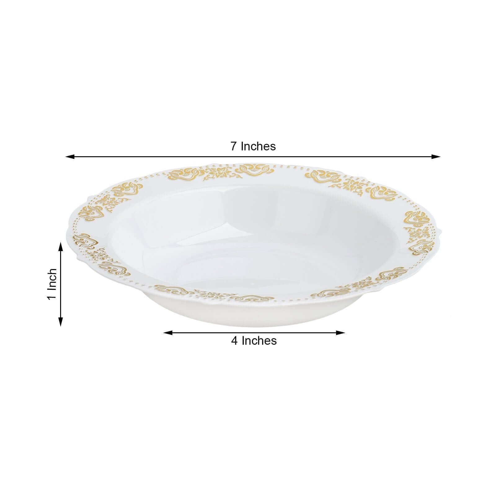 10 - Pack Plastic Round Soup Bowl in White with Gold Embossed Scalloped Rim - Sturdy Disposable Salad Dessert Bowls for Catering & Events 12oz - Linen Luxes