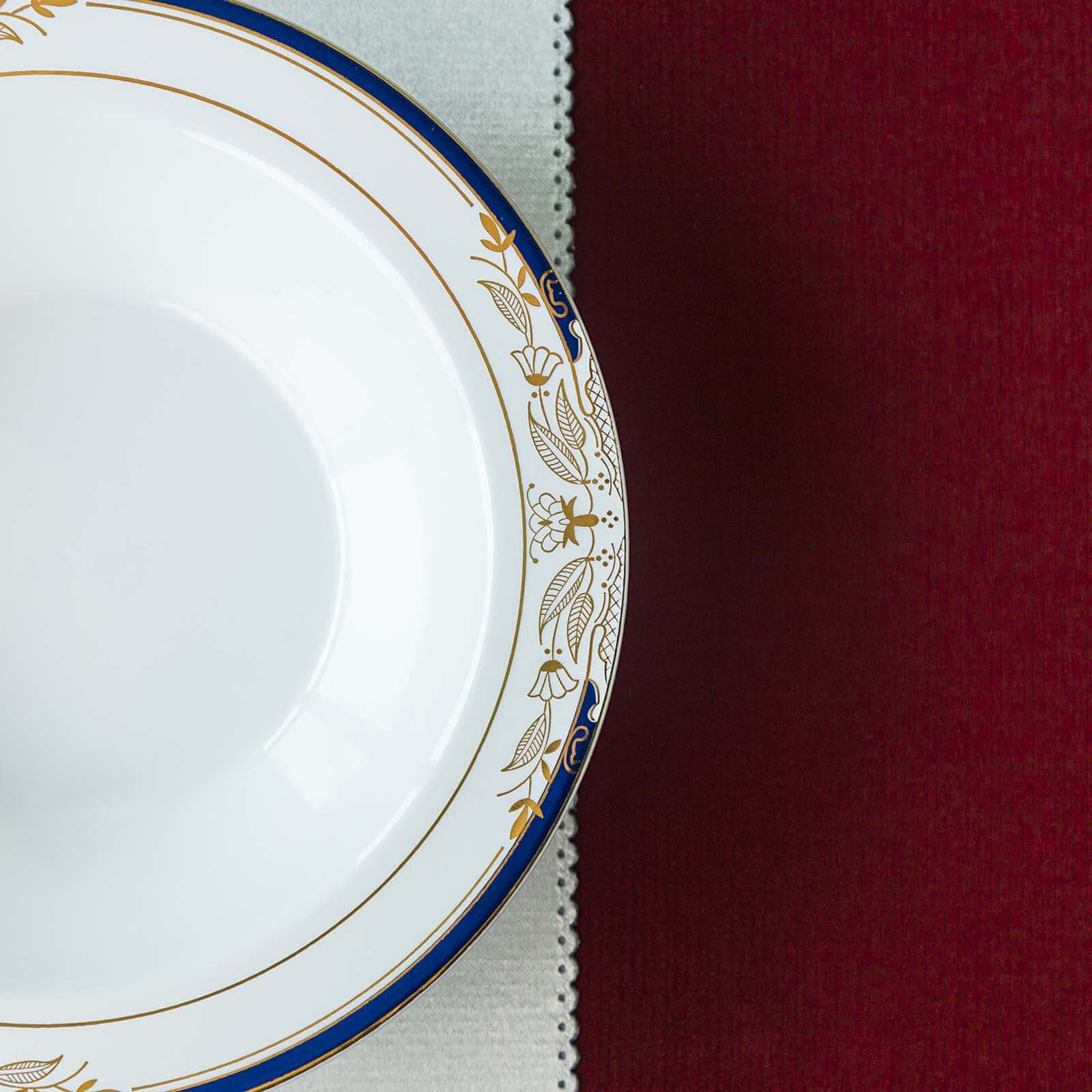 10 - Pack Plastic Round Soup Bowl in White with Gold Vine & Royal Blue Rim - Sturdy Disposable Salad Dessert Bowls for Catering & Events 12oz - Linen Luxes