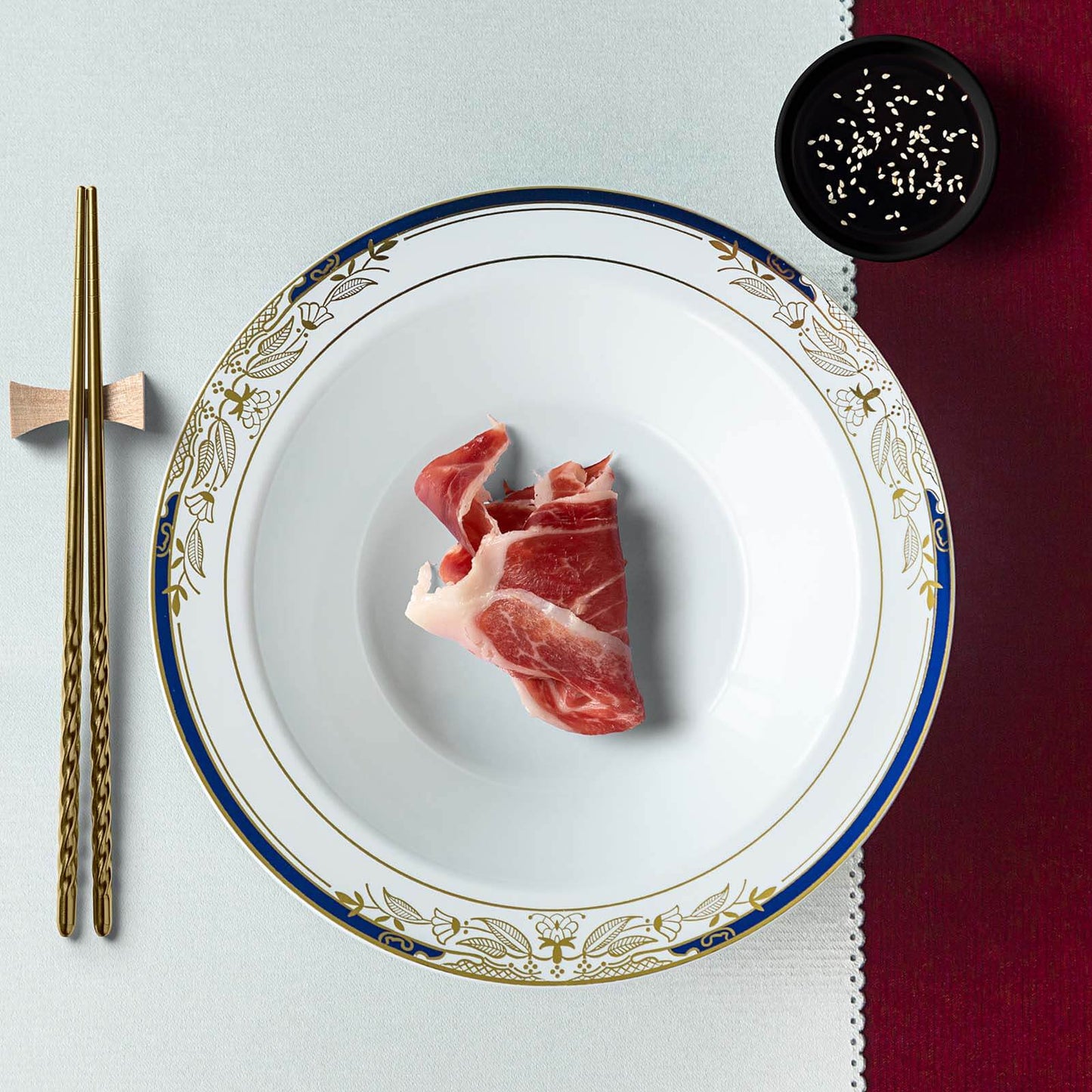 10 - Pack Plastic Round Soup Bowl in White with Gold Vine & Royal Blue Rim - Sturdy Disposable Salad Dessert Bowls for Catering & Events 12oz - Linen Luxes