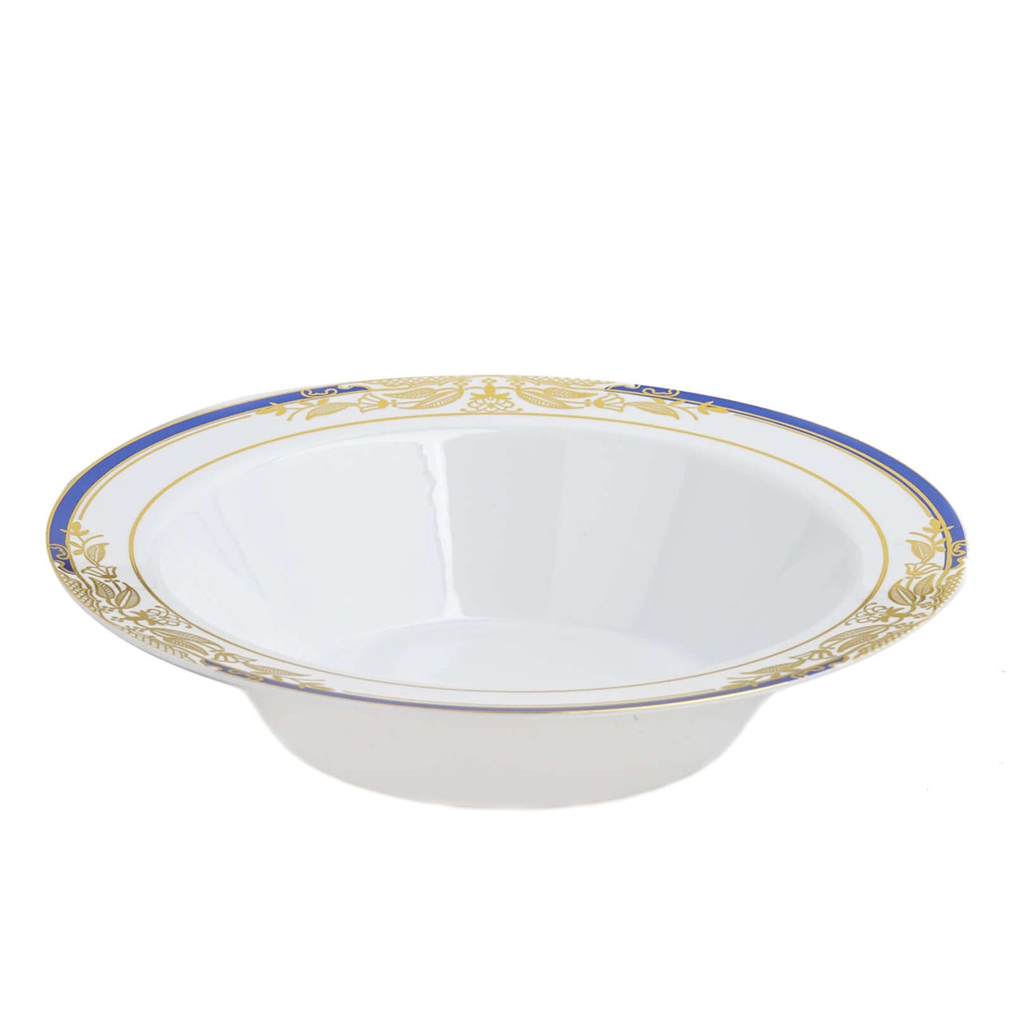 10 - Pack Plastic Round Soup Bowl in White with Gold Vine & Royal Blue Rim - Sturdy Disposable Salad Dessert Bowls for Catering & Events 12oz - Linen Luxes