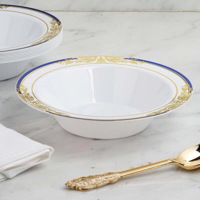 10 - Pack Plastic Round Soup Bowl in White with Gold Vine & Royal Blue Rim - Sturdy Disposable Salad Dessert Bowls for Catering & Events 12oz - Linen Luxes
