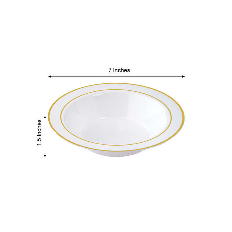 10 - Pack Plastic Soup Bowls White with Gold Rim - Stylish Disposable Bowls for Parties 12oz - Linen Luxes