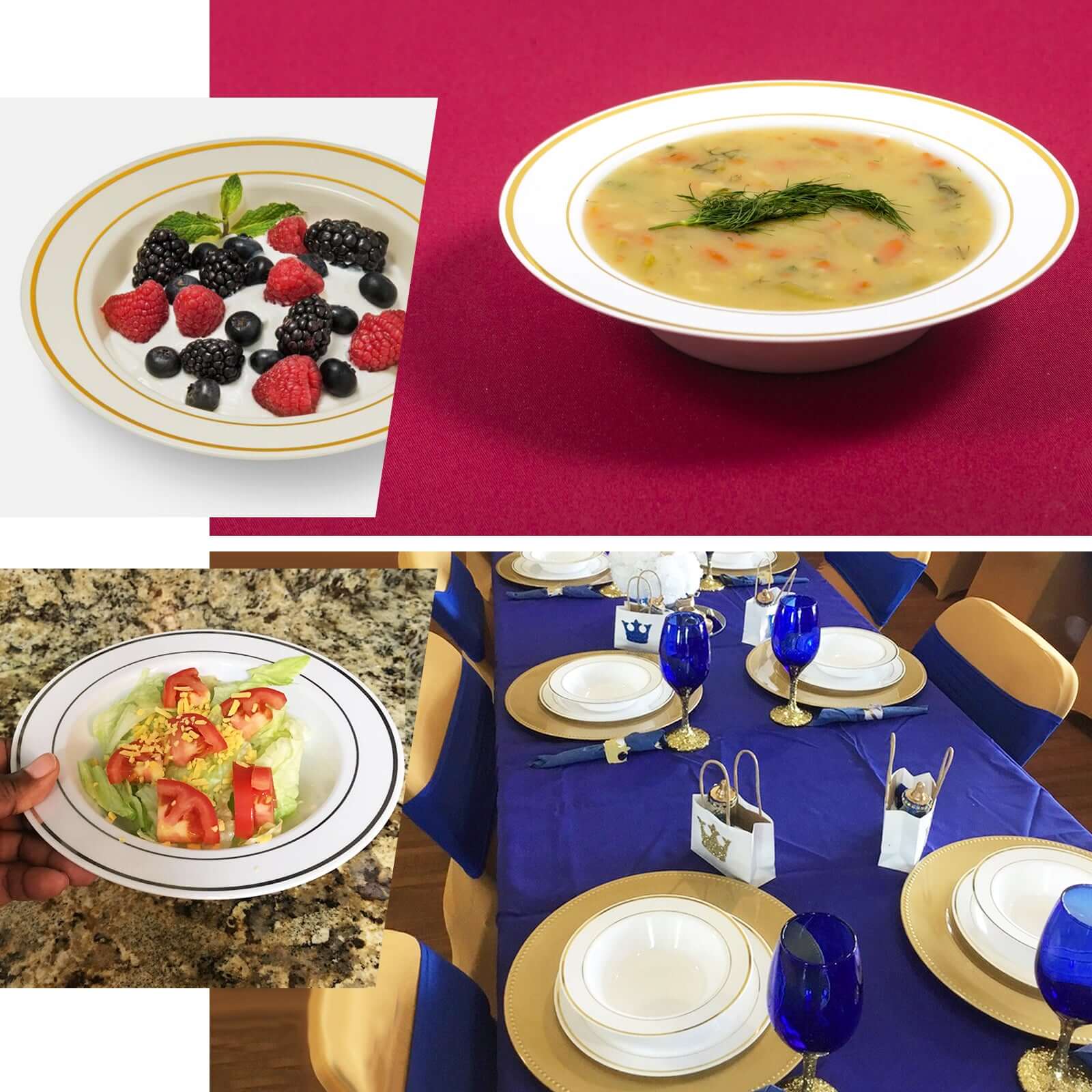 10 - Pack Plastic Soup Bowls White with Gold Rim - Stylish Disposable Bowls for Parties 12oz - Linen Luxes