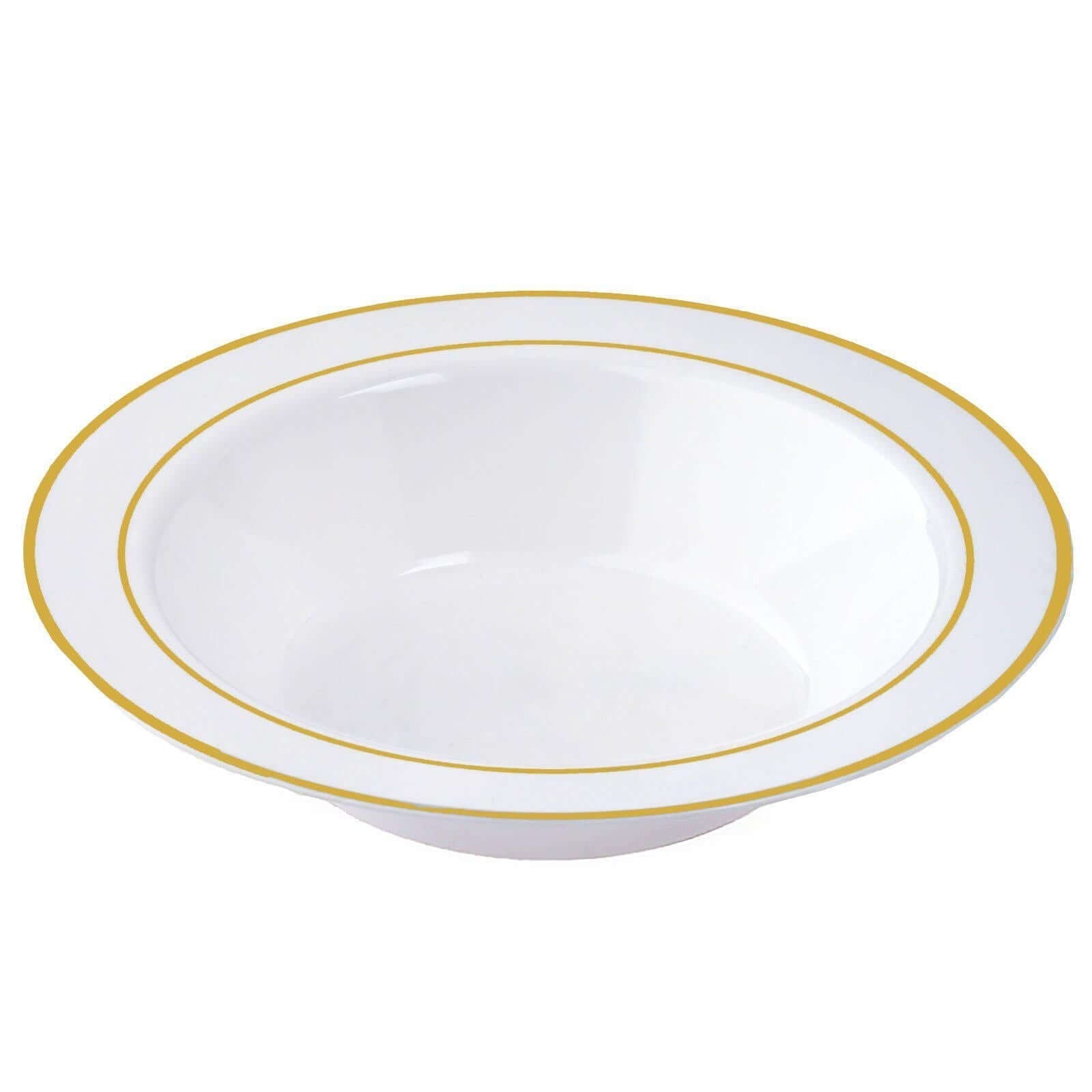 10 - Pack Plastic Soup Bowls White with Gold Rim - Stylish Disposable Bowls for Parties 12oz - Linen Luxes