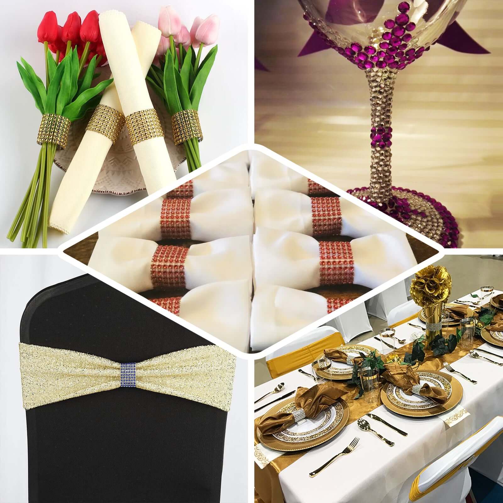 10 Pack Rhinestone Napkin Rings with Velcro Brooch Buckle Antique Gold - Stylish Design for Chair Sashes - Linen Luxes