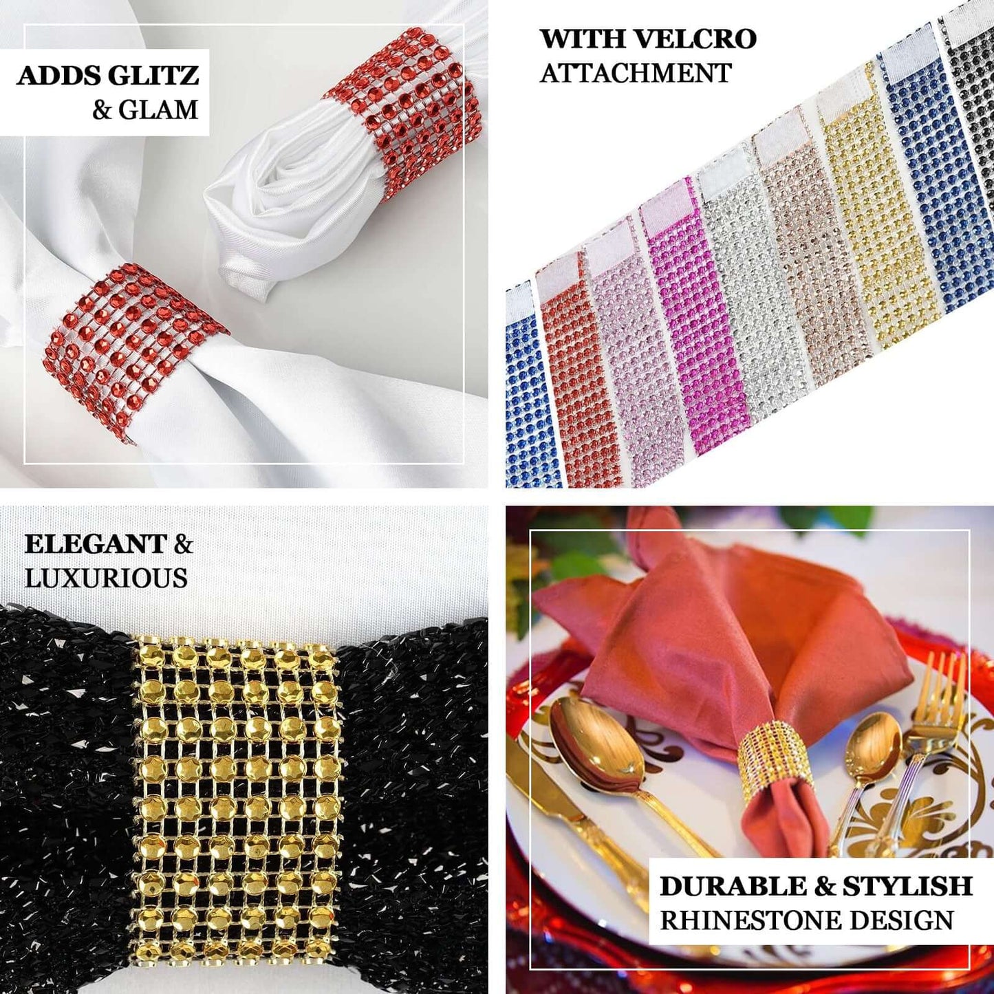 10 Pack Rhinestone Napkin Rings with Velcro Brooch Buckle Champagne - Stylish Design for Chair Sashes - Linen Luxes