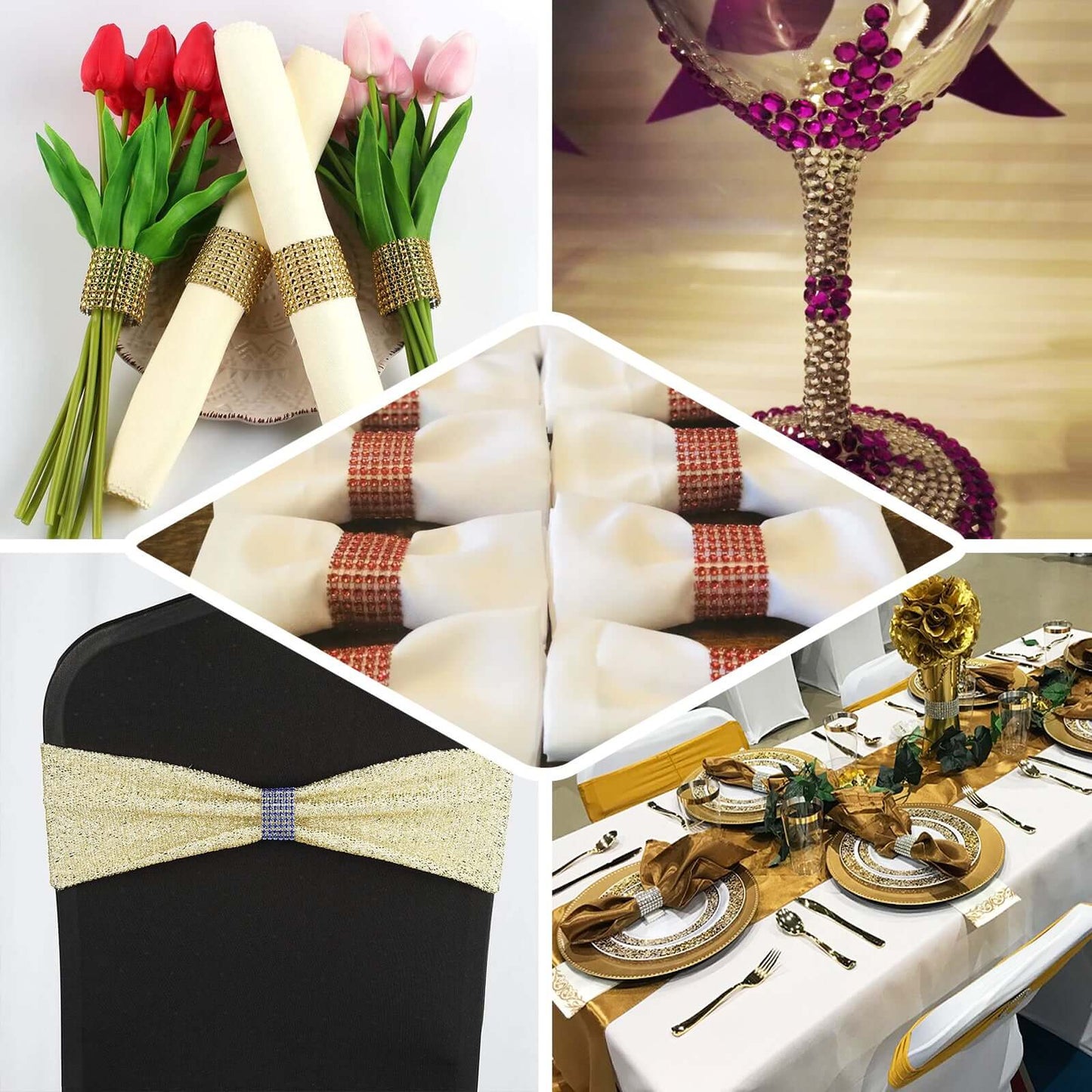 10 Pack Rhinestone Napkin Rings with Velcro Brooch Buckle Champagne - Stylish Design for Chair Sashes - Linen Luxes