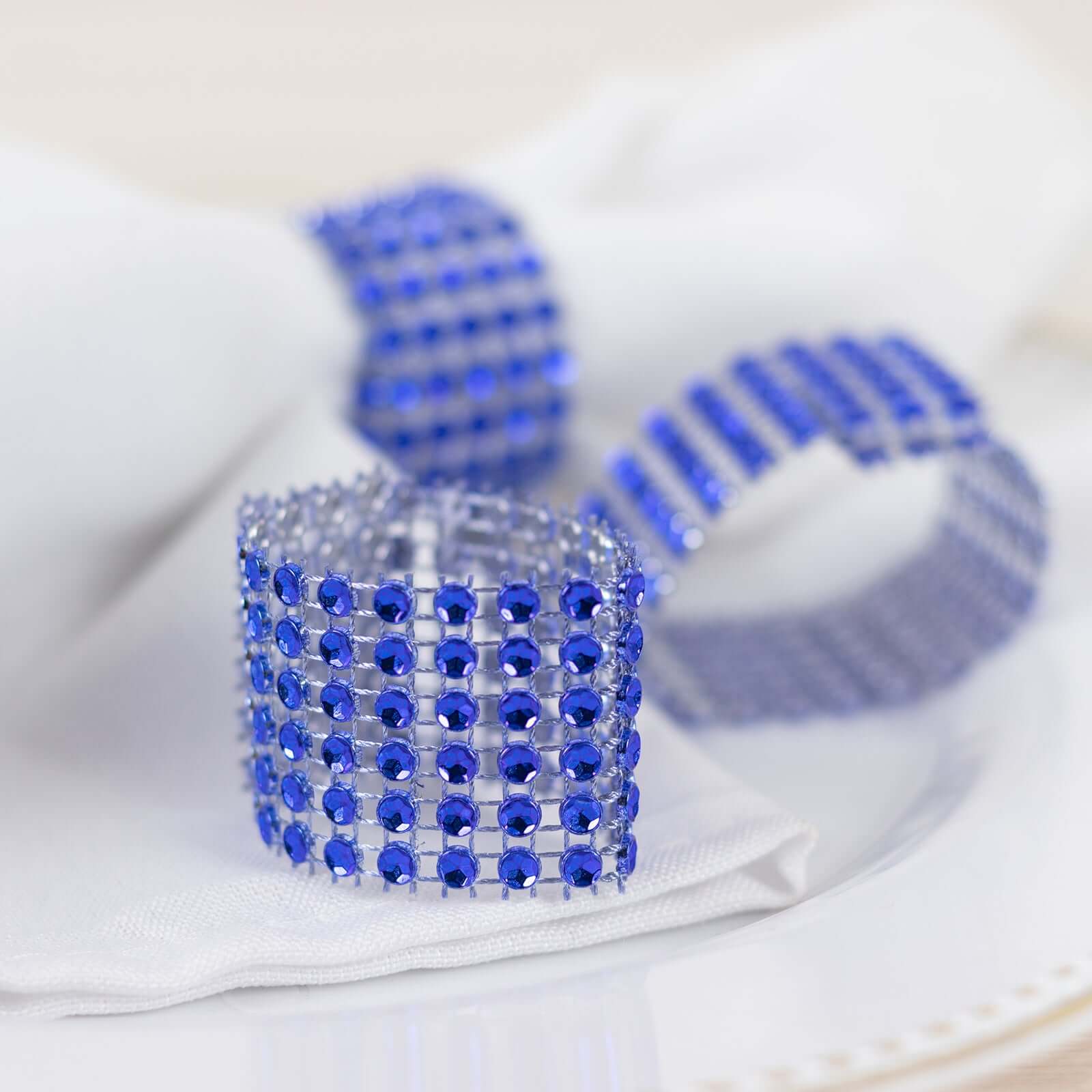 10 Pack Rhinestone Napkin Rings with Velcro Brooch Buckle Royal Blue - Stylish Design for Chair Sashes - Linen Luxes