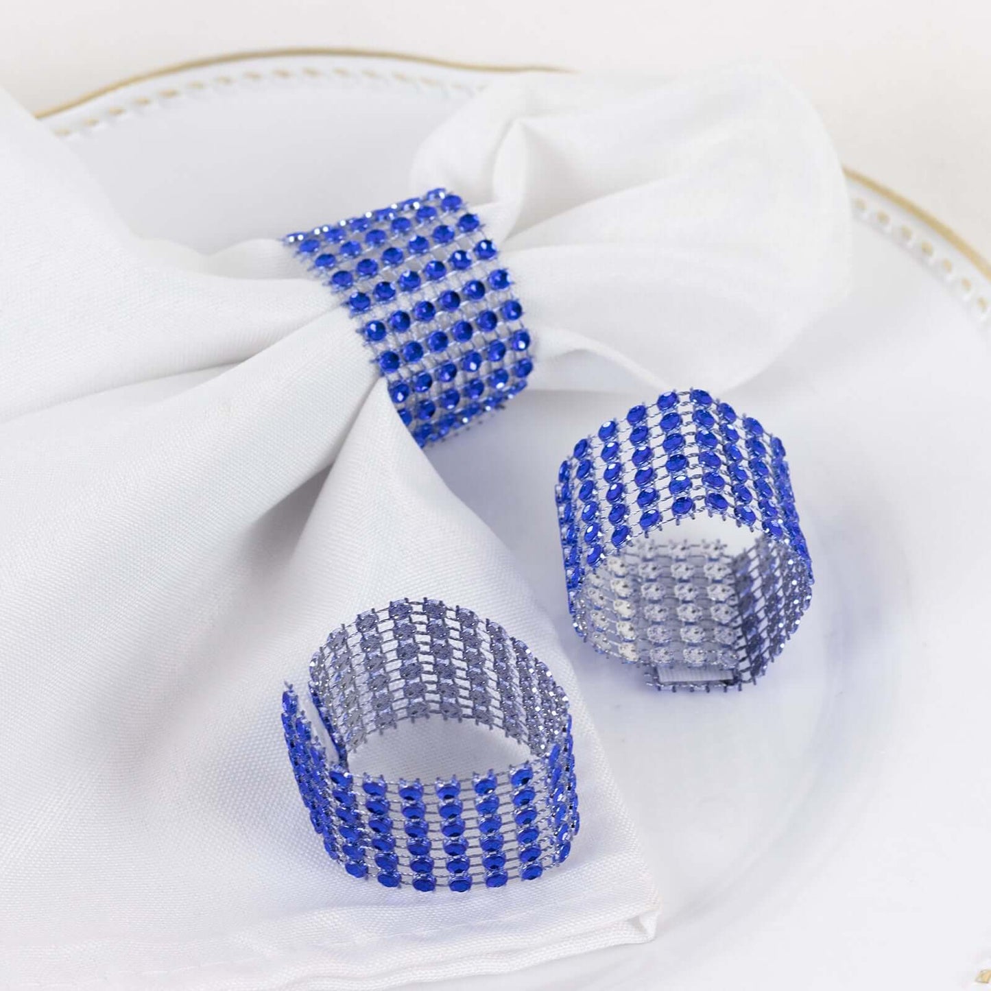 10 Pack Rhinestone Napkin Rings with Velcro Brooch Buckle Royal Blue - Stylish Design for Chair Sashes - Linen Luxes