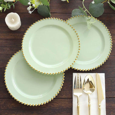 10-Pack Sage Green Plastic Dessert Plates â€“ 8" Round with Gold Beaded Rim, Disposable for Parties & Events