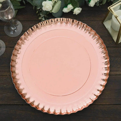 10-Pack Paper 13" Round Charger Plates in Rose Gold with Scalloped Rims - Heavy Duty Disposable 1100GSM Serving Trays