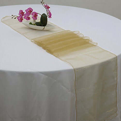 10 Pack Sheer Organza 14"x108" Table Runners Gold - Soft and Lightweight Table Accent for Weddings - Linen Luxes
