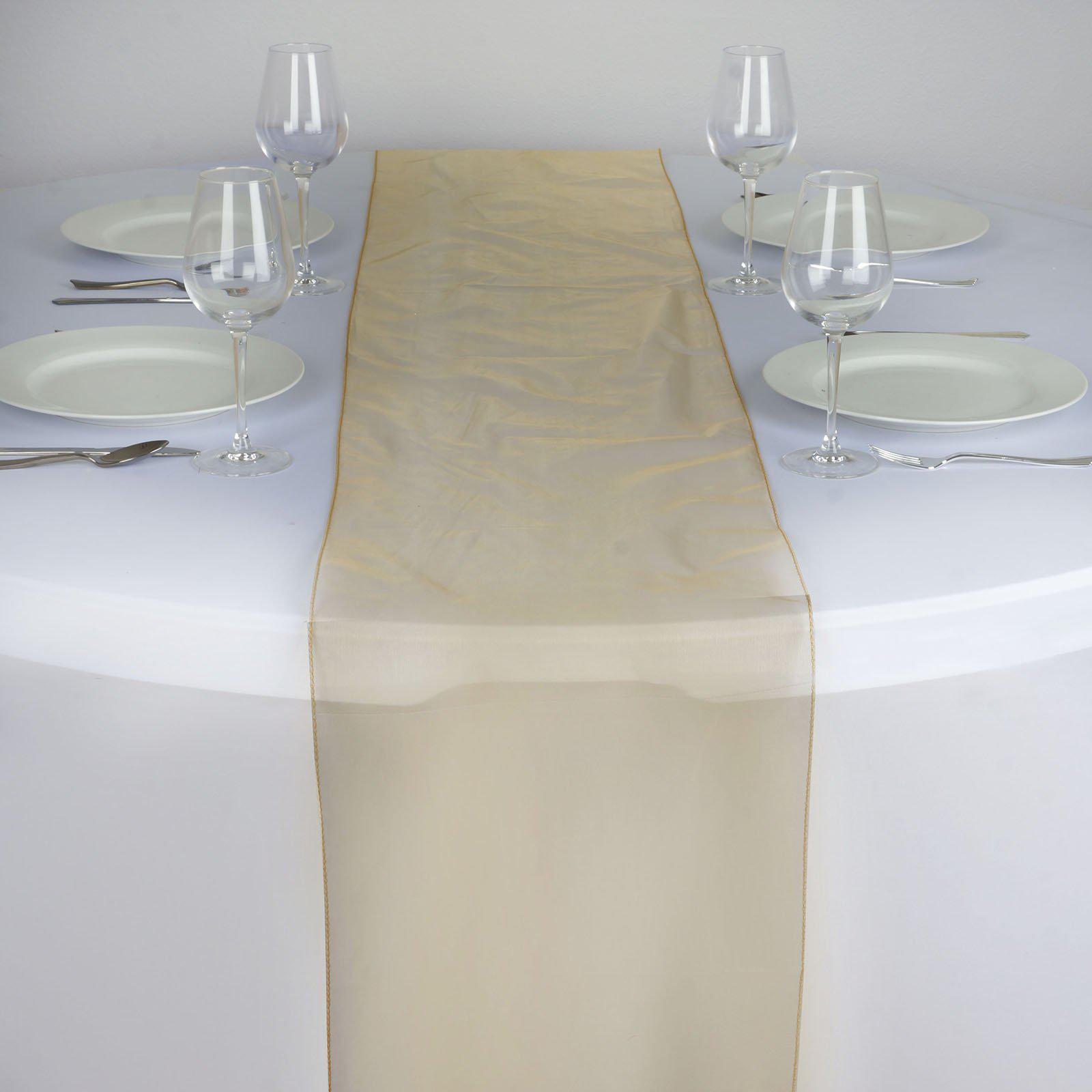 10 Pack Sheer Organza 14"x108" Table Runners Gold - Soft and Lightweight Table Accent for Weddings - Linen Luxes