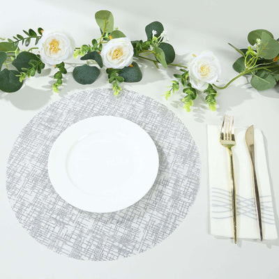 10-Pack Table Placemats Glitter Design Metallic Silver Round - Mesh Polyester Disposable Mats 13"